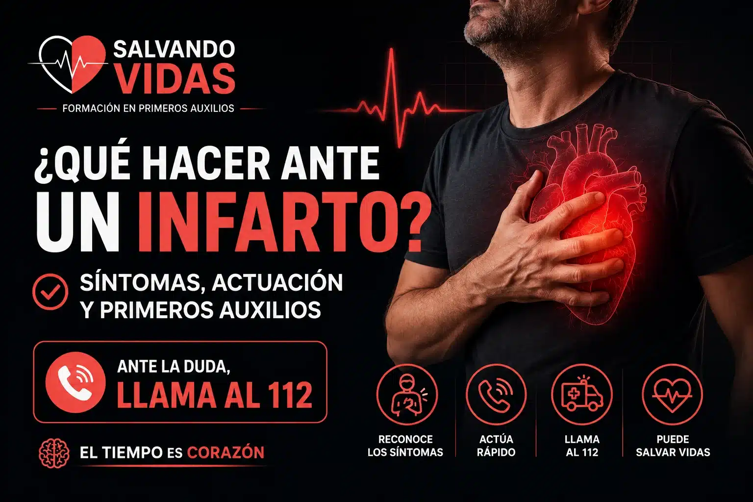 Qué hacer ante un infarto: síntomas, señales de alarma y actuación paso a paso para reconocer una emergencia cardíaca y llamar al 112 rápidamente.