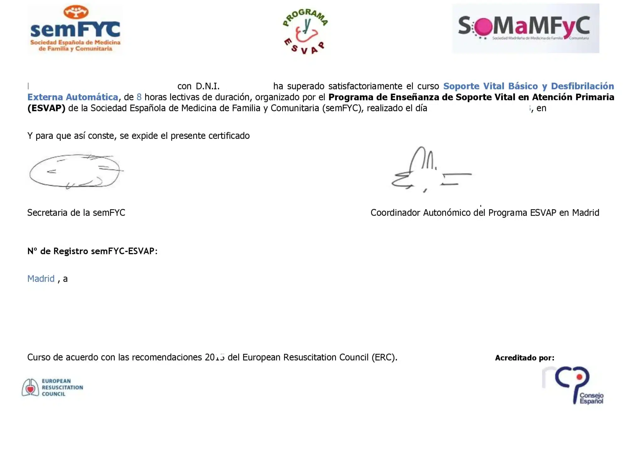 Diploma de Proveedor de Soporte Vital Básico y DEA