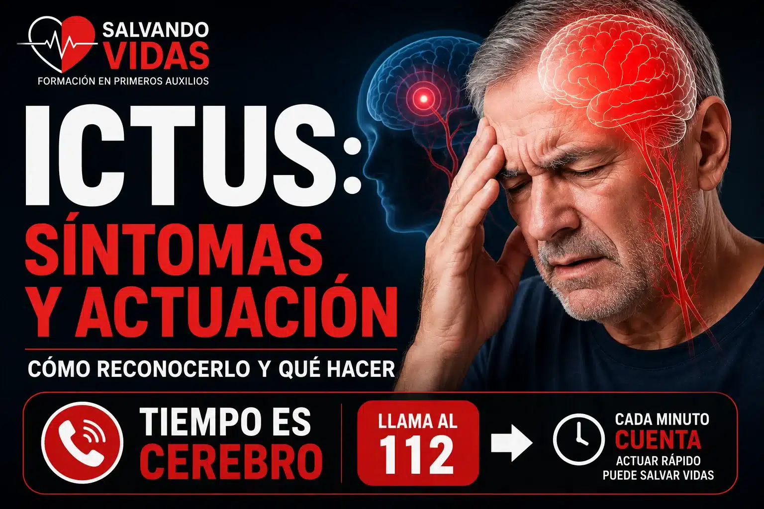 Síntomas de ictus y actuación paso a paso. Cómo reconocer un ictus, aplicar el método FAST y llamar al 112 para activar la atención de emergencia.