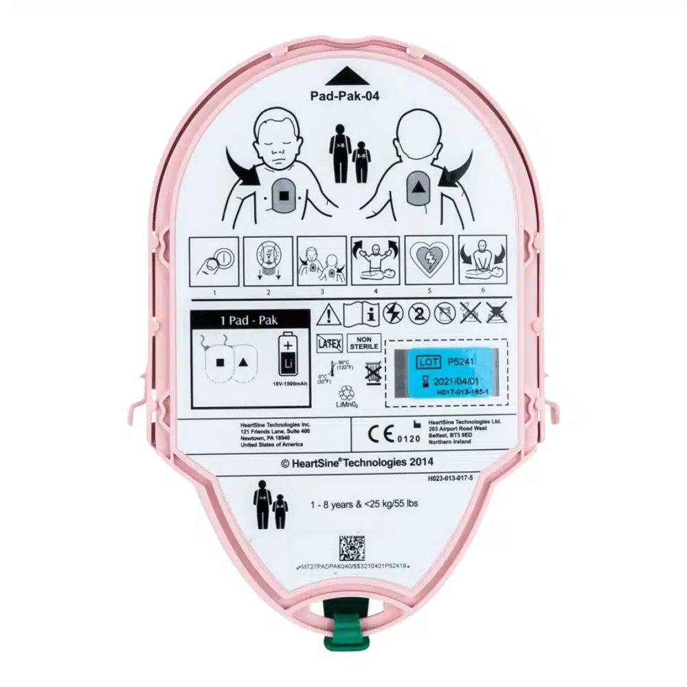 Pad-Pak pediátrico HeartSine con batería y electrodos